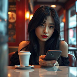 Photography of an Asian woman with black hair and expressive eyes, exhibiting a perfect face and full red lips