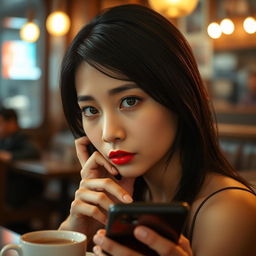 Photography of an Asian woman with black hair and expressive eyes, exhibiting a perfect face and full red lips