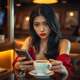 Photography of an Asian woman with black hair and expressive eyes, exhibiting a perfect face and full red lips