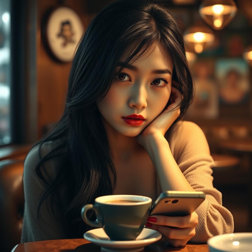 Photography of an Asian woman with black hair and expressive eyes, exhibiting a perfect face and full red lips