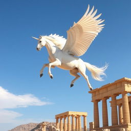 A majestic white unicorn with large, graceful wings soaring high above the ancient ruins of Persepolis