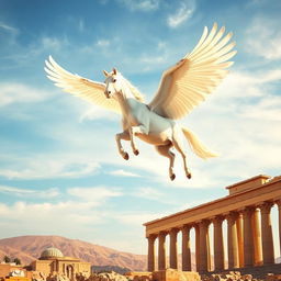 A majestic white unicorn with large, graceful wings soaring high above the ancient ruins of Persepolis