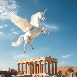 A majestic white unicorn with large, graceful wings soaring high above the ancient ruins of Persepolis