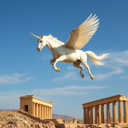 A majestic white unicorn with large, graceful wings soaring high above the ancient ruins of Persepolis