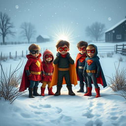 A group of brave superhero kids discovers a mystic, glowing stone on a snowy farm that points the way through the winter landscape