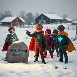 A group of brave superhero kids discovers a mystic, glowing stone on a snowy farm that points the way through the winter landscape