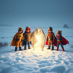 A group of brave superhero kids discovers a mystic, glowing stone on a snowy farm that points the way through the winter landscape