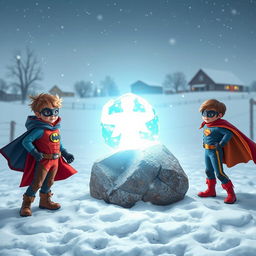 A group of brave superhero kids discovers a mystic, glowing stone on a snowy farm that points the way through the winter landscape