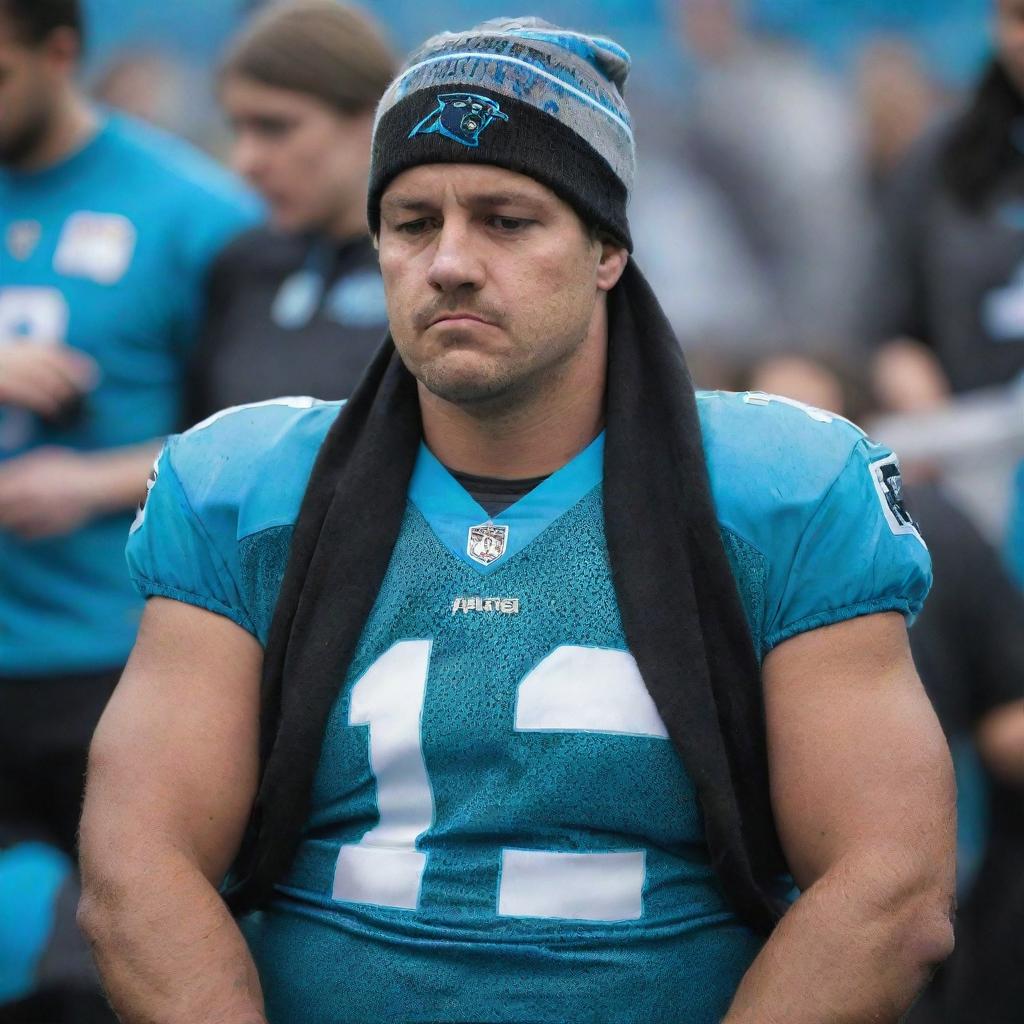 A Carolina Panthers fan appearing dejected and sad, decked out with team colors and accessories