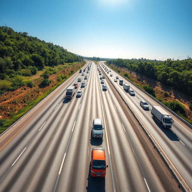 Aerial view of a one-way highway, capturing the flow of traffic from a top center perspective