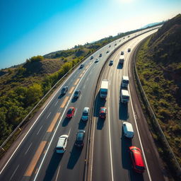 Aerial view of a one-way highway, capturing the flow of traffic from a top center perspective