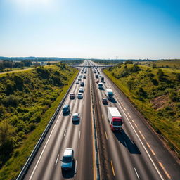 Aerial view of a one-way highway, capturing the flow of traffic from a top center perspective