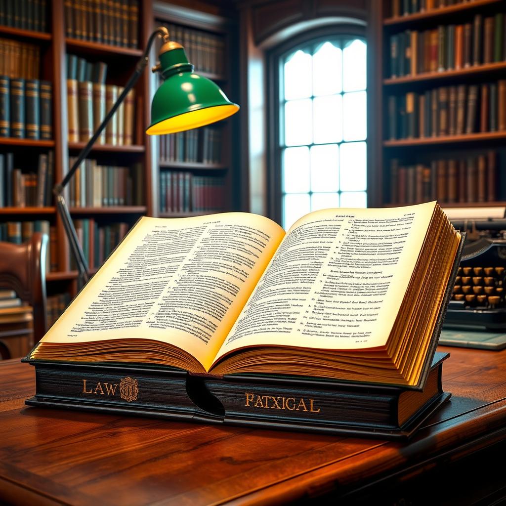 A detailed and comprehensive legal textbook, with a hardbound cover and gold embossed lettering, placed open on a wooden desk in a well-lit study environment