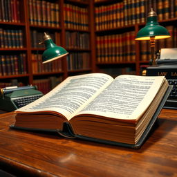 A detailed and comprehensive legal textbook, with a hardbound cover and gold embossed lettering, placed open on a wooden desk in a well-lit study environment