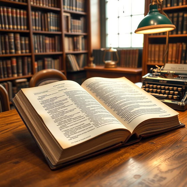 A detailed and comprehensive legal textbook, with a hardbound cover and gold embossed lettering, placed open on a wooden desk in a well-lit study environment