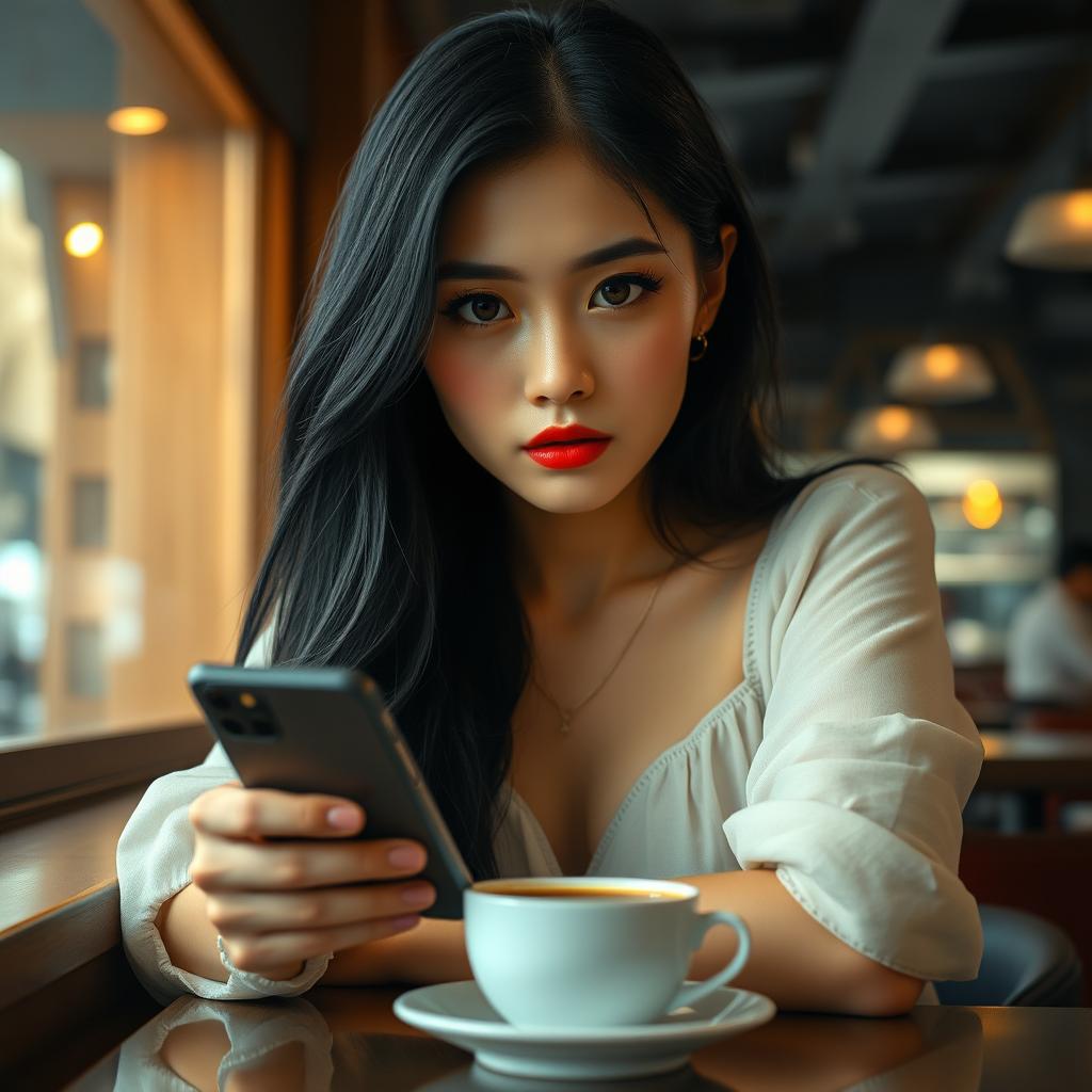 Full body portrait of an Asian woman with black hair and expressive eyes, showcasing a perfect face and full red lips, sitting in a bar with a cup of coffee on the table