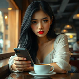 Full body portrait of an Asian woman with black hair and expressive eyes, showcasing a perfect face and full red lips, sitting in a bar with a cup of coffee on the table