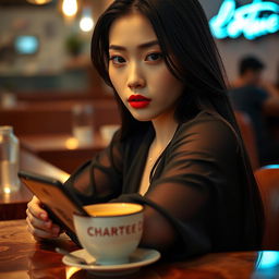 Full body portrait of an Asian woman with black hair and expressive eyes, showcasing a perfect face and full red lips, sitting in a bar with a cup of coffee on the table