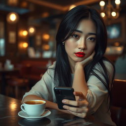 Full body portrait of an Asian woman with black hair and expressive eyes, showcasing a perfect face and full red lips, sitting in a bar with a cup of coffee on the table