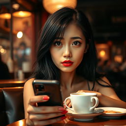 Full body portrait of an Asian woman with black hair and expressive eyes, showcasing a perfect face and full red lips, sitting in a bar with a cup of coffee on the table