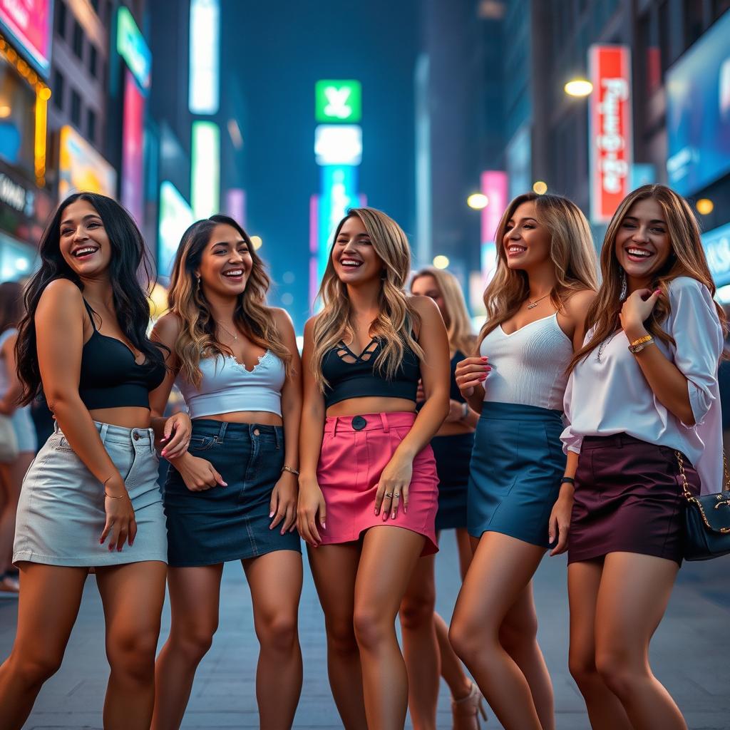 A stylish scene featuring attractive young adult women wearing short skirts in a playful and confident manner, exuding charm and sophistication