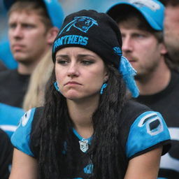 A Carolina Panthers fan appearing dejected and sad, decked out with team colors and accessories