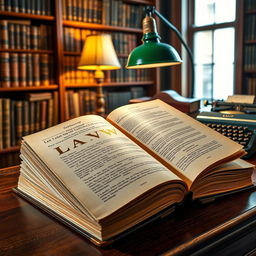 A detailed and comprehensive LAW textbook, with a hardbound cover and gold embossed lettering, placed open on a wooden desk in a well-lit study environment