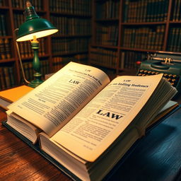 A detailed and comprehensive LAW textbook, with a hardbound cover and gold embossed lettering, placed open on a wooden desk in a well-lit study environment