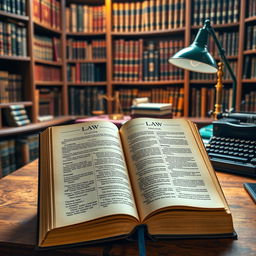 A detailed and comprehensive LAW textbook, with a hardbound cover and gold embossed lettering, placed open on a wooden desk in a well-lit study environment