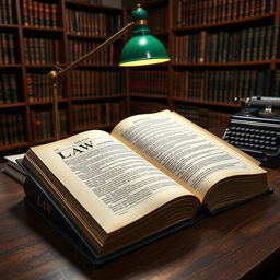 A detailed and comprehensive LAW textbook, with a hardbound cover and gold embossed lettering, placed open on a wooden desk in a well-lit study environment