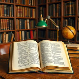 A detailed and comprehensive textbook with a hardbound cover, placed open on a wooden desk in a well-lit study environment