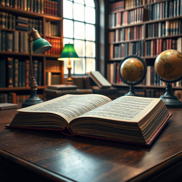 A detailed and comprehensive textbook with a hardbound cover, placed open on a wooden desk in a well-lit study environment