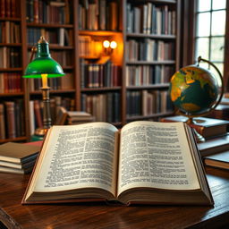 A detailed and comprehensive textbook with a hardbound cover, placed open on a wooden desk in a well-lit study environment