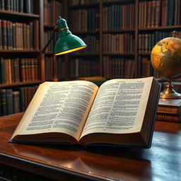 A detailed and comprehensive textbook with a hardbound cover, placed open on a wooden desk in a well-lit study environment