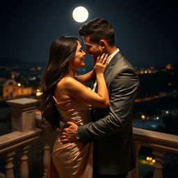 A couple in an intimate and romantic setting, captured in a passionate embrace under the moonlight