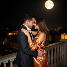 A couple in an intimate and romantic setting, captured in a passionate embrace under the moonlight