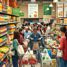 A bustling supermarket scene with diverse shoppers filling their carts with various products