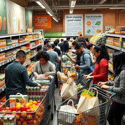 A bustling supermarket scene with diverse shoppers filling their carts with various products