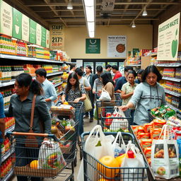 A bustling supermarket scene with diverse shoppers filling their carts with various products