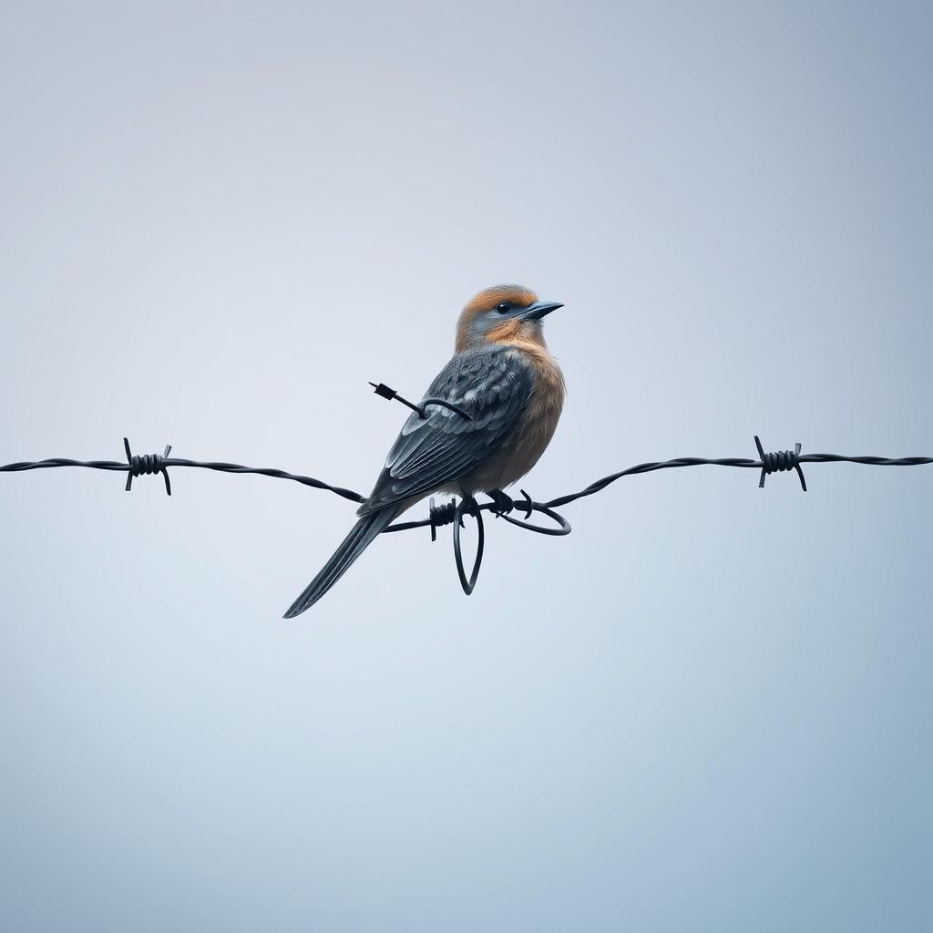 The symbol of psychology intertwined with a bird perched on barbed wire