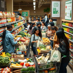 A bustling supermarket scene with diverse shoppers filling their carts with various products