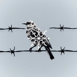 The symbol of psychology intertwined with a bird perched on barbed wire