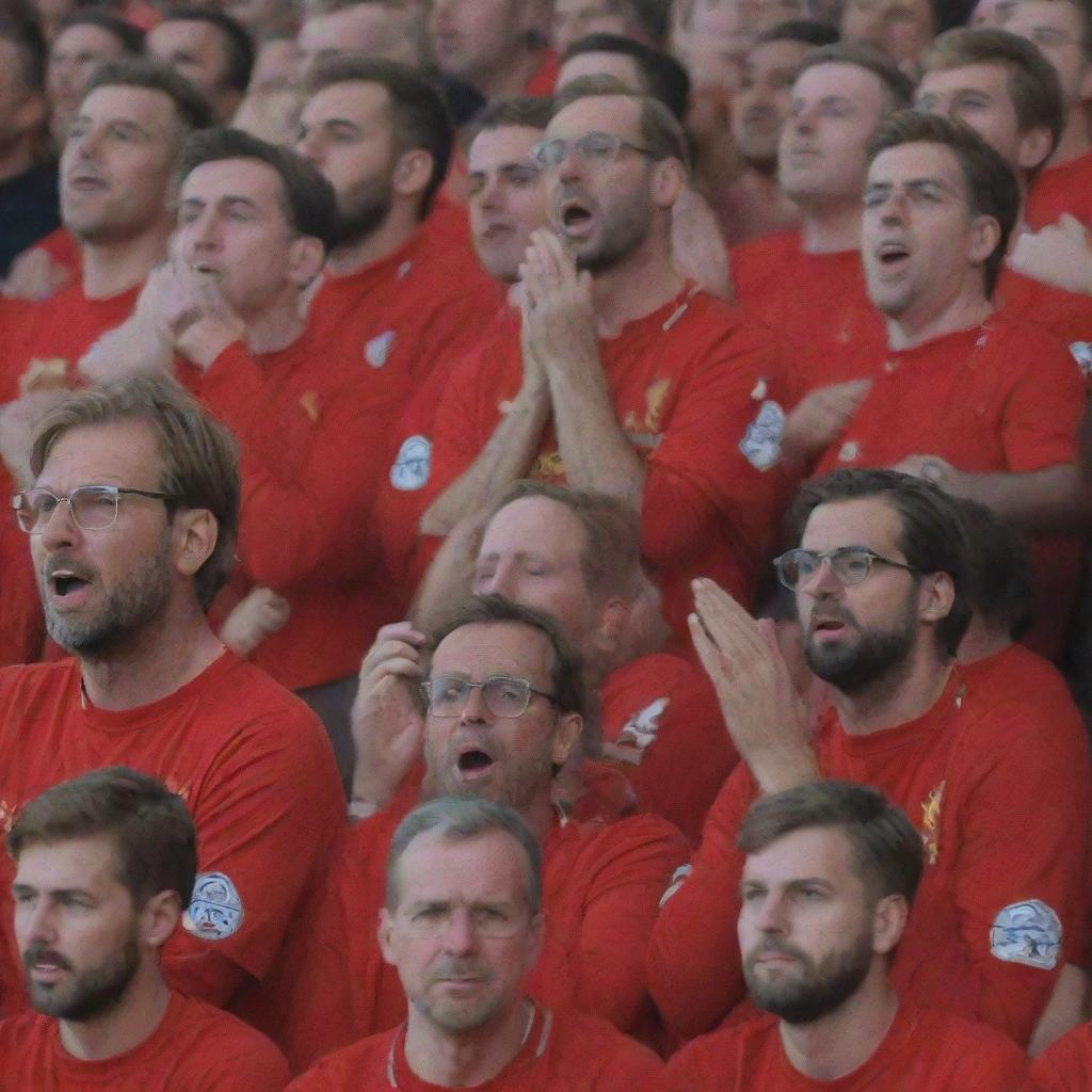 A group of Liverpool fans, in their team jerseys, sorrowfully reacting to Klopp's departure, while he maintains a stoic expression.