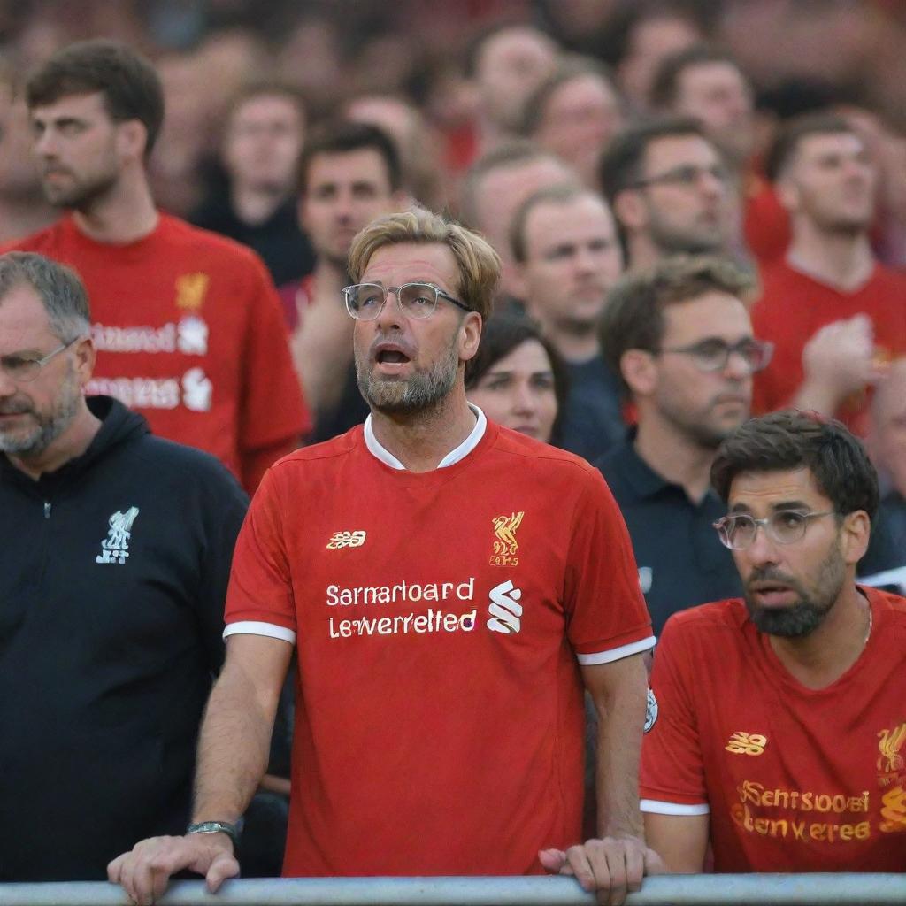 A group of Liverpool fans, in their team jerseys, sorrowfully reacting to Klopp's departure, while he maintains a stoic expression.