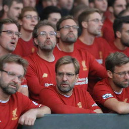 A group of Liverpool fans, in their team jerseys, sorrowfully reacting to Klopp's departure, while he maintains a stoic expression.