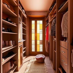 A half-slanted loft walk-in closet with stained glass windows, warm and cozy, with soft carpet, dim lighting, high-quality wooden closets and shelves filled with clothes and decor catering to a young woman who loves coffee and autumn vibes.