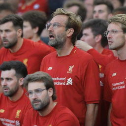 A group of Liverpool fans, in their team jerseys, sorrowfully reacting to Klopp's departure, while he maintains a stoic expression.