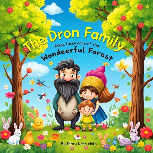 A magical children's book cover illustrating the Dron family, a family of whimsical creatures, taking care of the Wonderful Forest