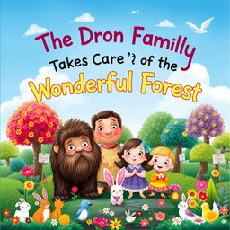 A magical children's book cover illustrating the Dron family, a family of whimsical creatures, taking care of the Wonderful Forest