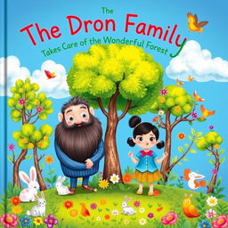 A magical children's book cover illustrating the Dron family, a family of whimsical creatures, taking care of the Wonderful Forest